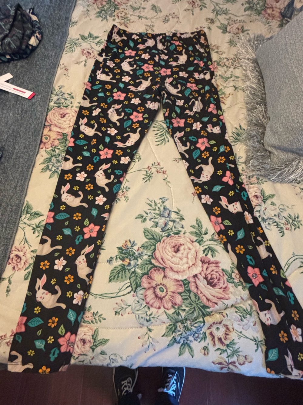 Honey and Lace Black Bunny Floral Leggings with Pink & Teal Accents